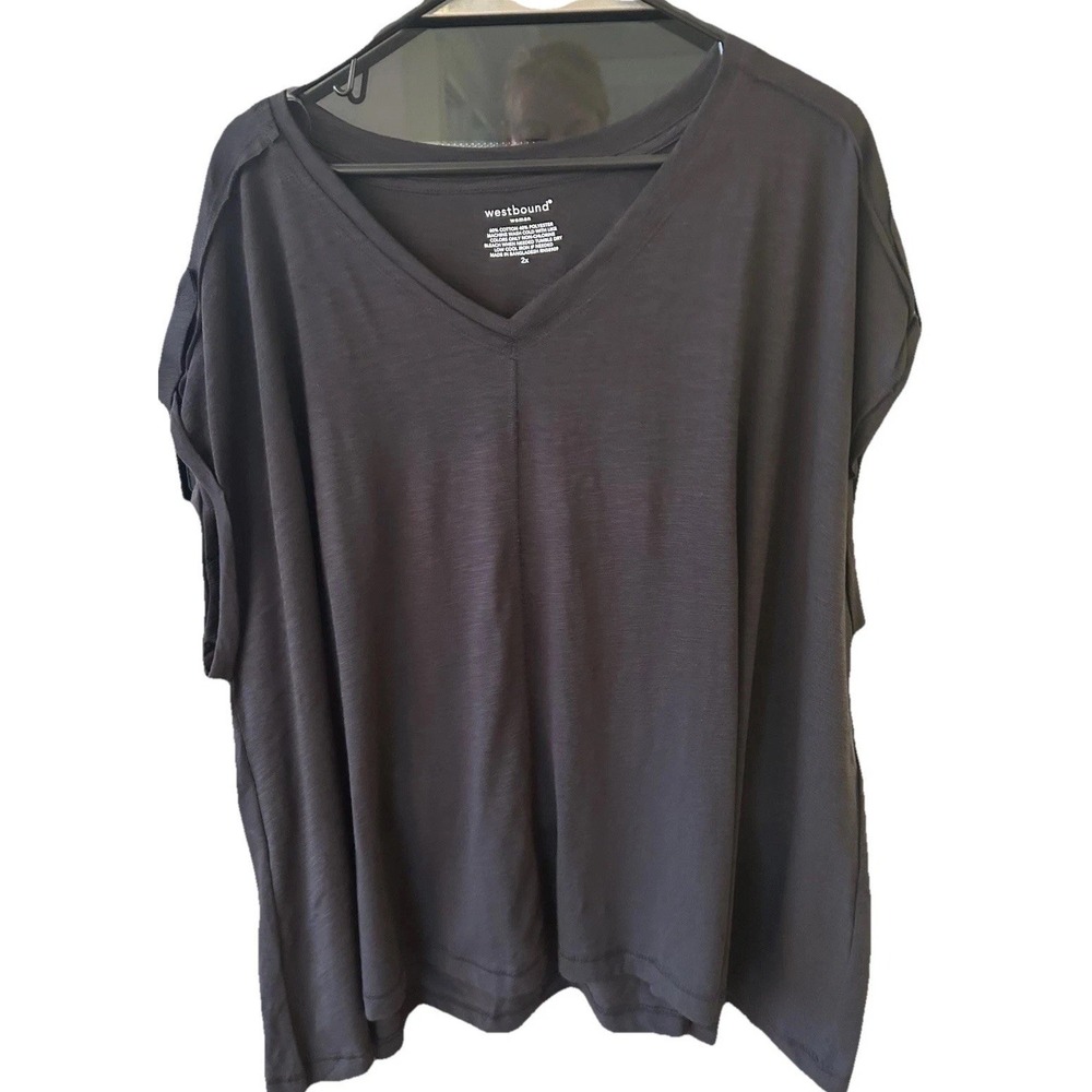 New Westbound Women's Black Stretchy Top 2XL V-neck‎ Center Seam Cotton Poly